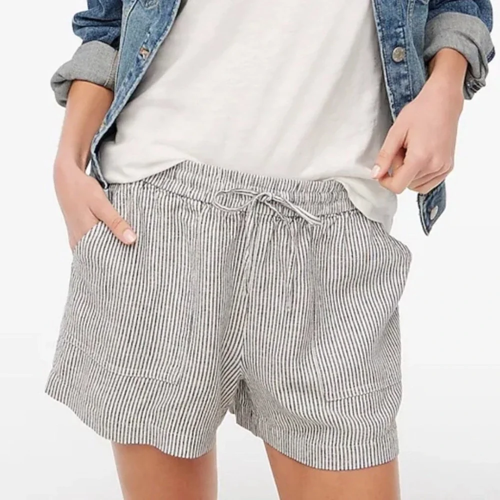 J. Crew Linen Blend Drawstring Striped Shorts Black White AX924 Size M Nautical